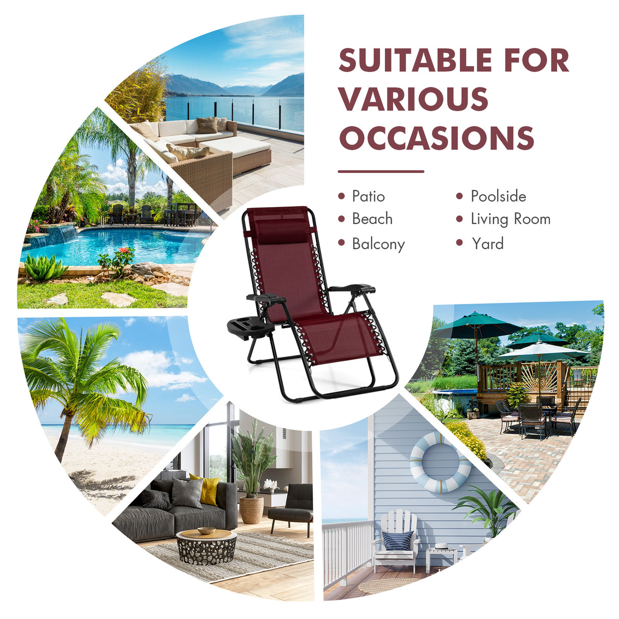 Outdoor Folding Zero Gravity Reclining Lounge Chair with Utility Tray