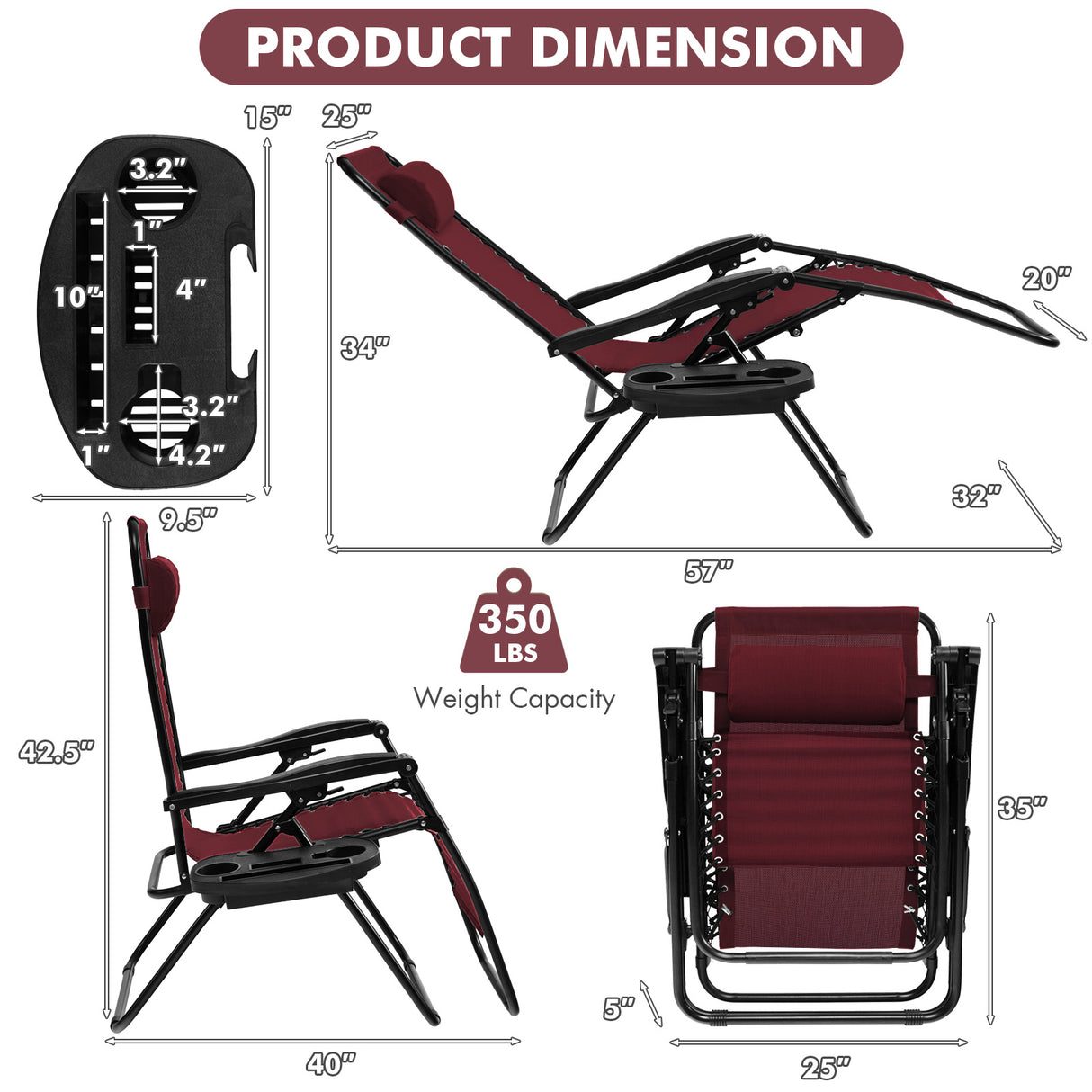 Outdoor Folding Zero Gravity Reclining Lounge Chair with Utility Tray