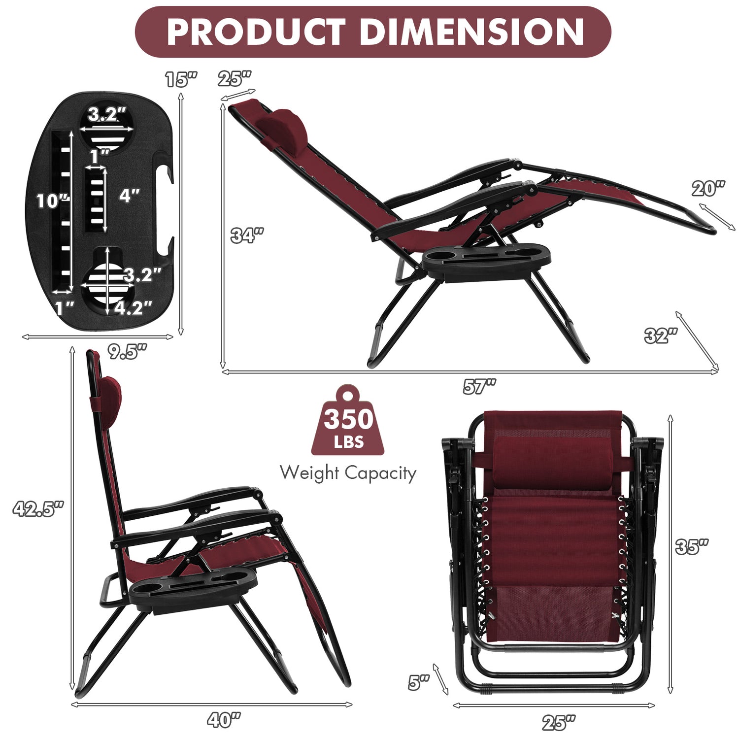 Outdoor Folding Zero Gravity Reclining Lounge Chair with Utility Tray