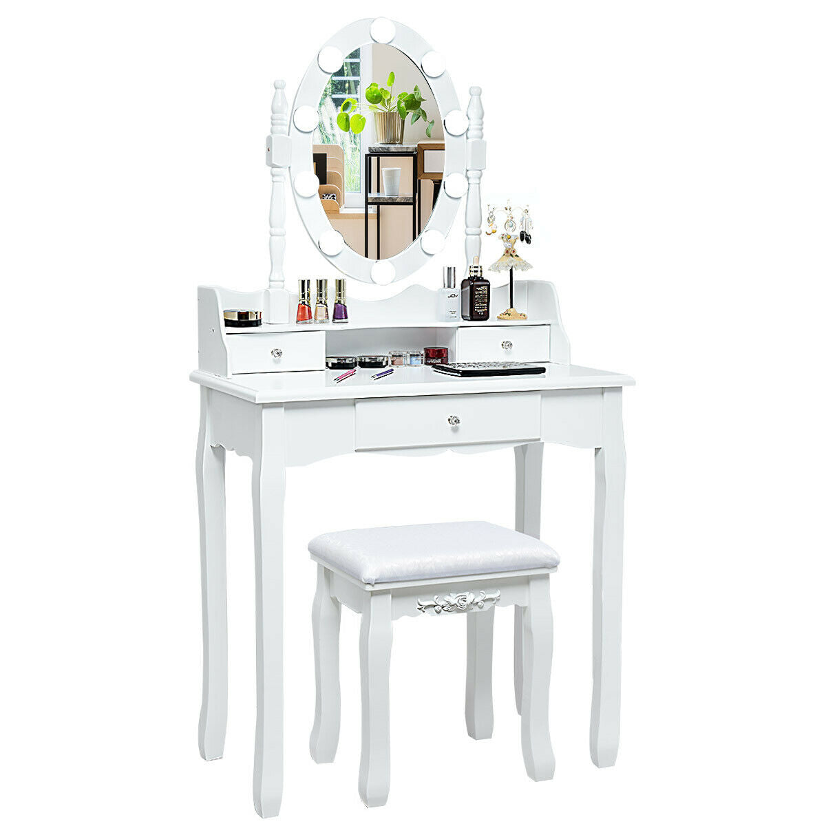 Oval Mirror Vanity Set  with 10 LED Dimmable Bulbs and 3 Drawers