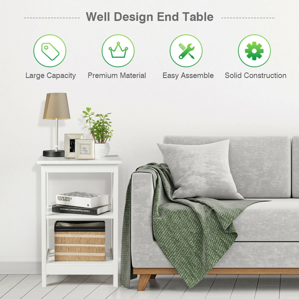 3-Tier Nightstand Side Table with Baffles and Corners