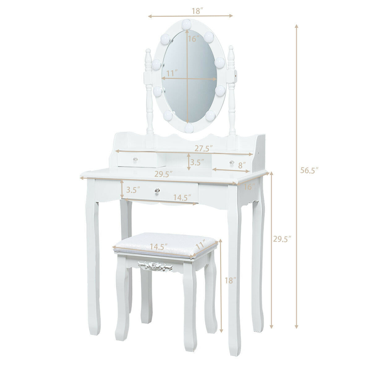 Oval Mirror Vanity Set  with 10 LED Dimmable Bulbs and 3 Drawers