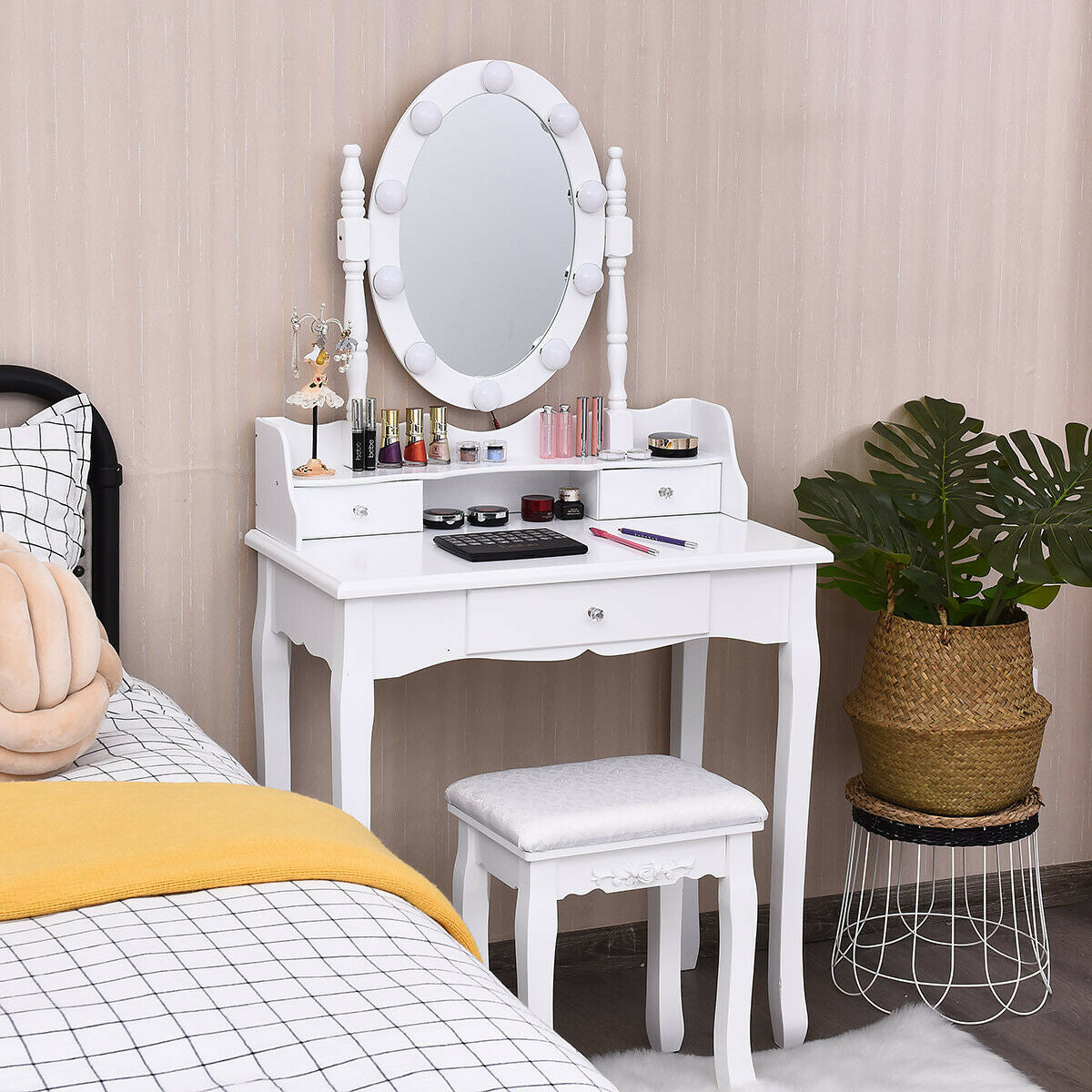 Oval Mirror Vanity Set  with 10 LED Dimmable Bulbs and 3 Drawers
