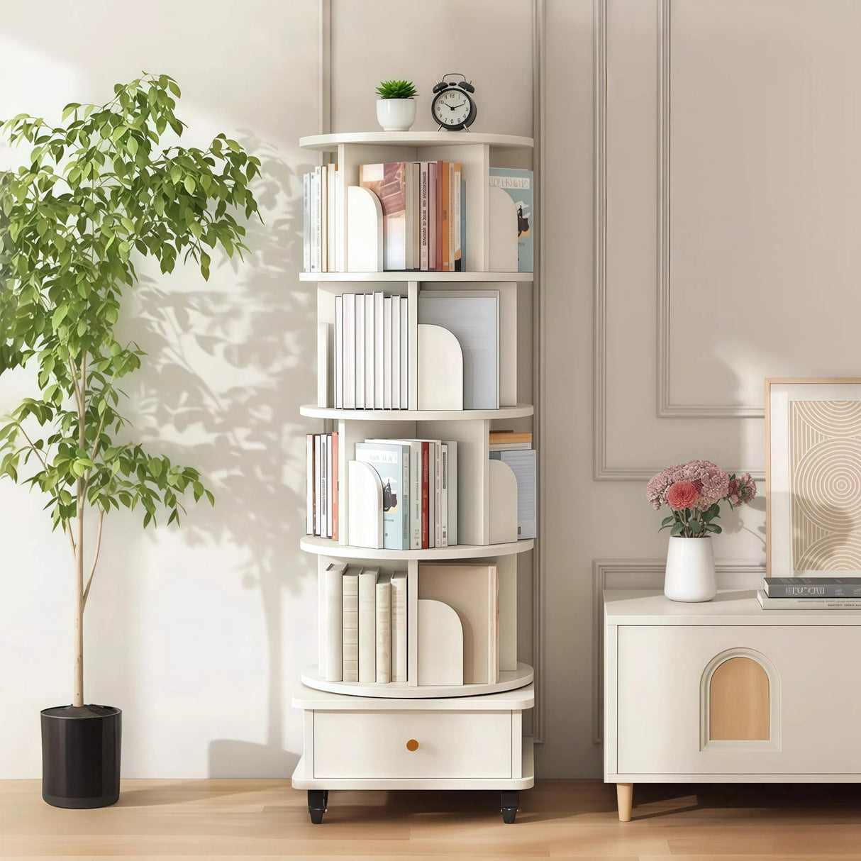 5 Tier Rotating Bookshelf with Wheels and Drawer, 360° Spinning Design, Space Saving Storage, for Home and Office, White MDF