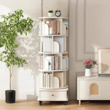 5 Tier Rotating Bookshelf with Wheels and Drawer, 360° Spinning Design, Space Saving Storage, for Home and Office, White MDF