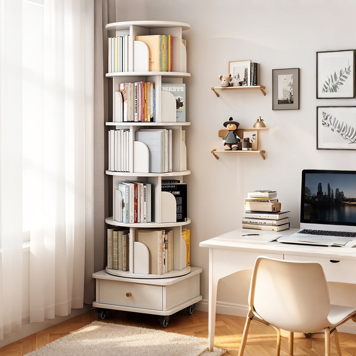 6 Tier Rotating Bookshelf with Wheels and Drawer, 360° Spinning Design, Space Saving Storage, for Home and Office, White MDF