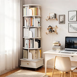 6 Tier Rotating Bookshelf with Wheels and Drawer, 360° Spinning Design, Space Saving Storage, for Home and Office, White MDF