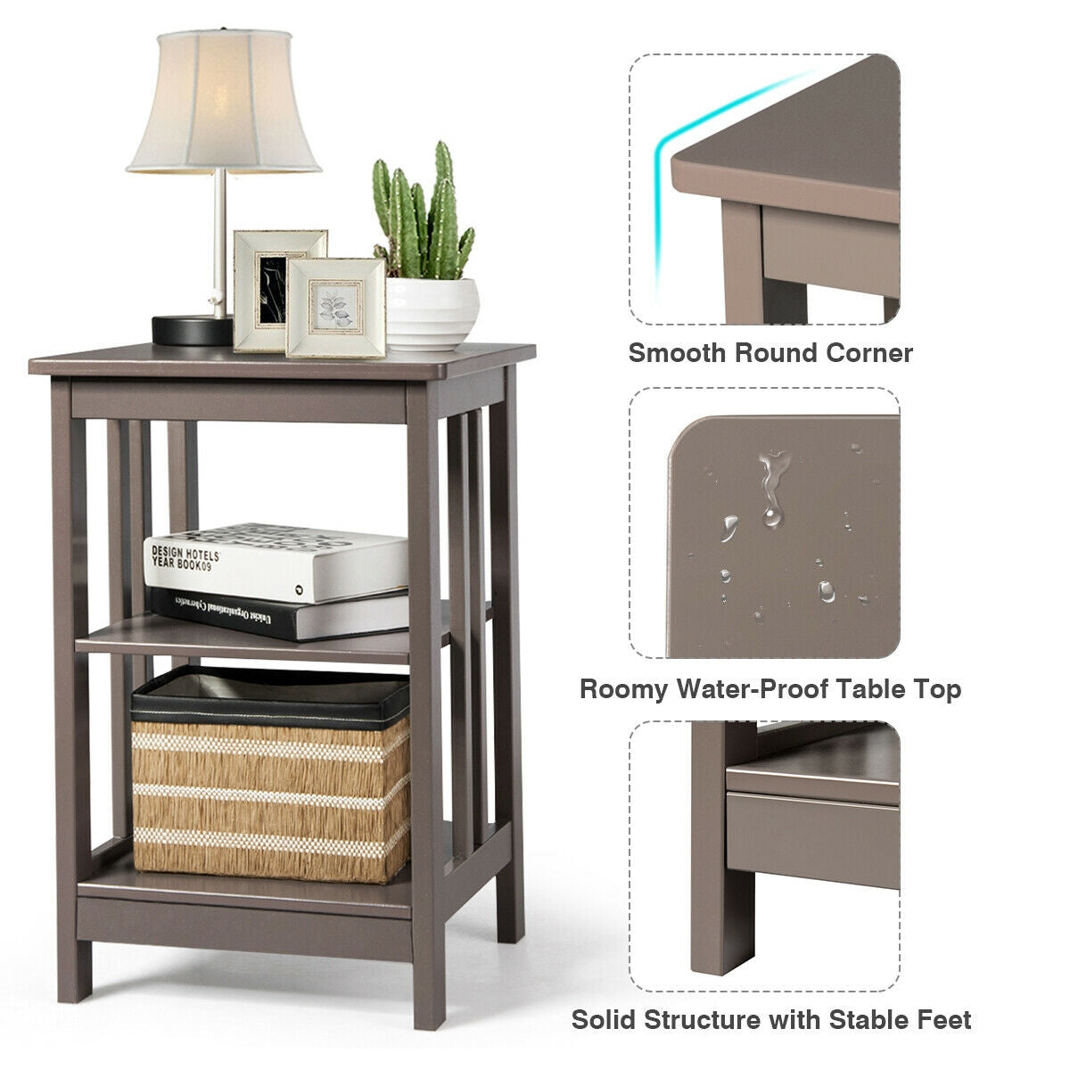 3-Tier Nightstand Side Table with Baffles and Corners