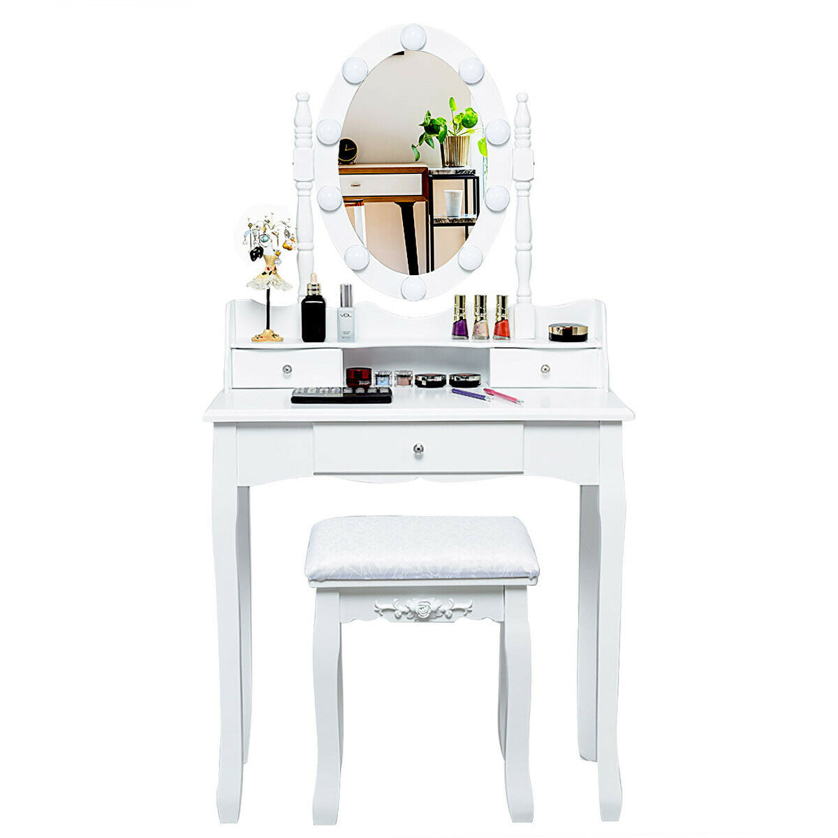 Oval Mirror Vanity Set  with 10 LED Dimmable Bulbs and 3 Drawers