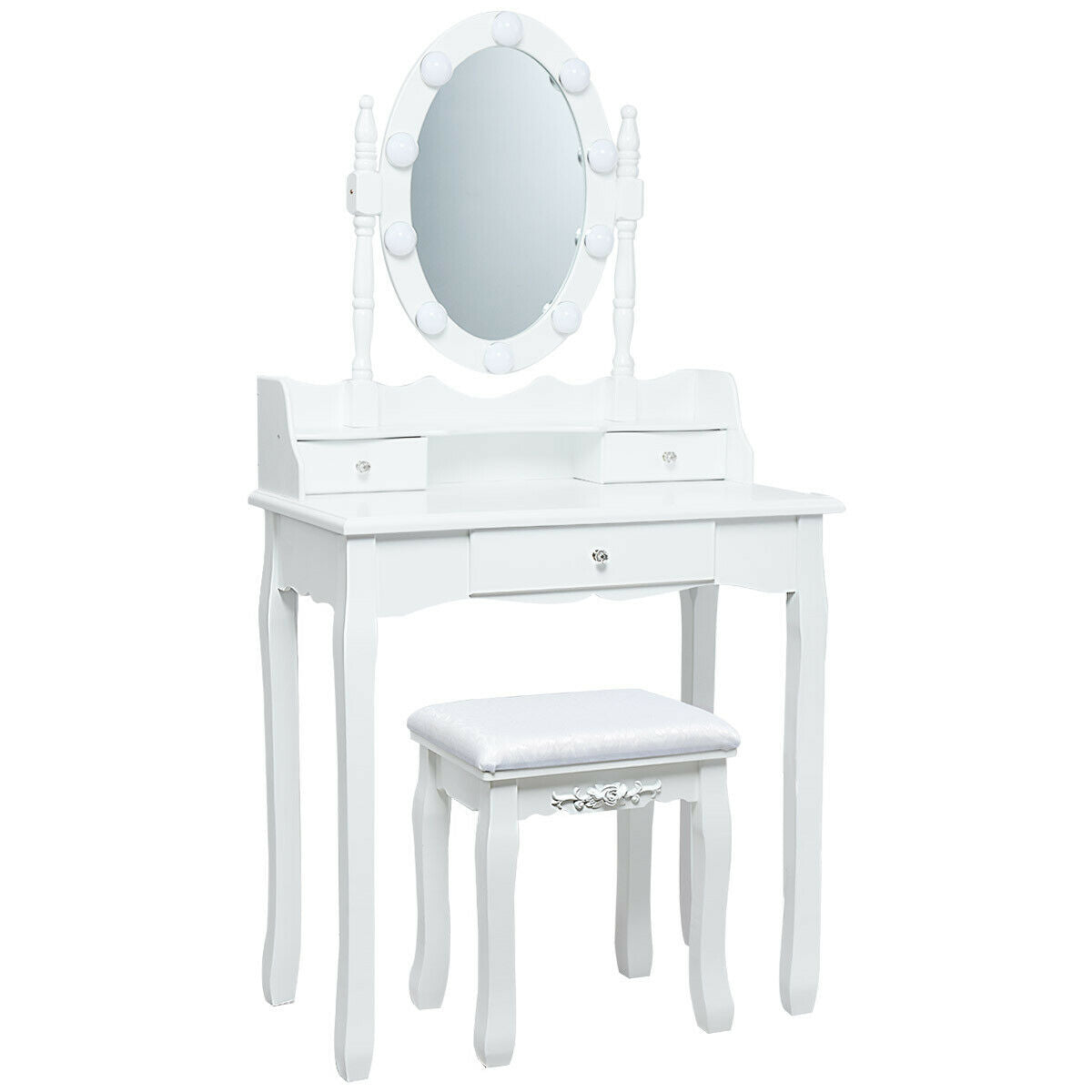 Oval Mirror Vanity Set  with 10 LED Dimmable Bulbs and 3 Drawers