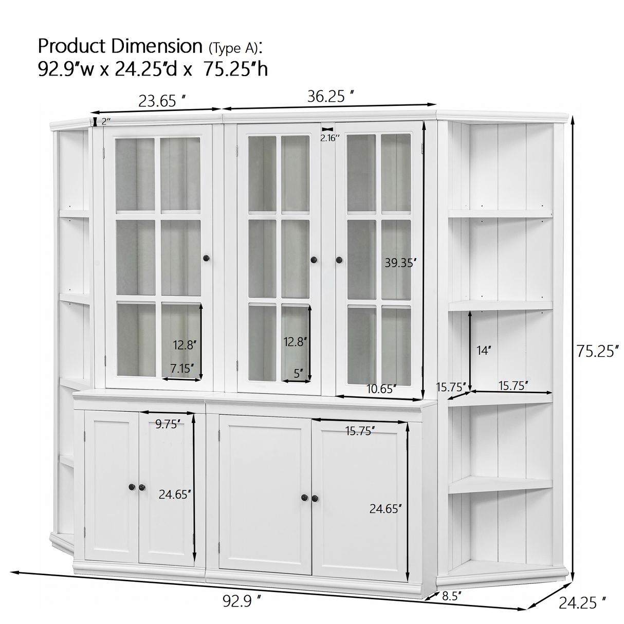 Retro Style Wall Suit with Glass Doors, 75.25'' Tall Display Cabinets & Triangle Sided Bookshelves, White