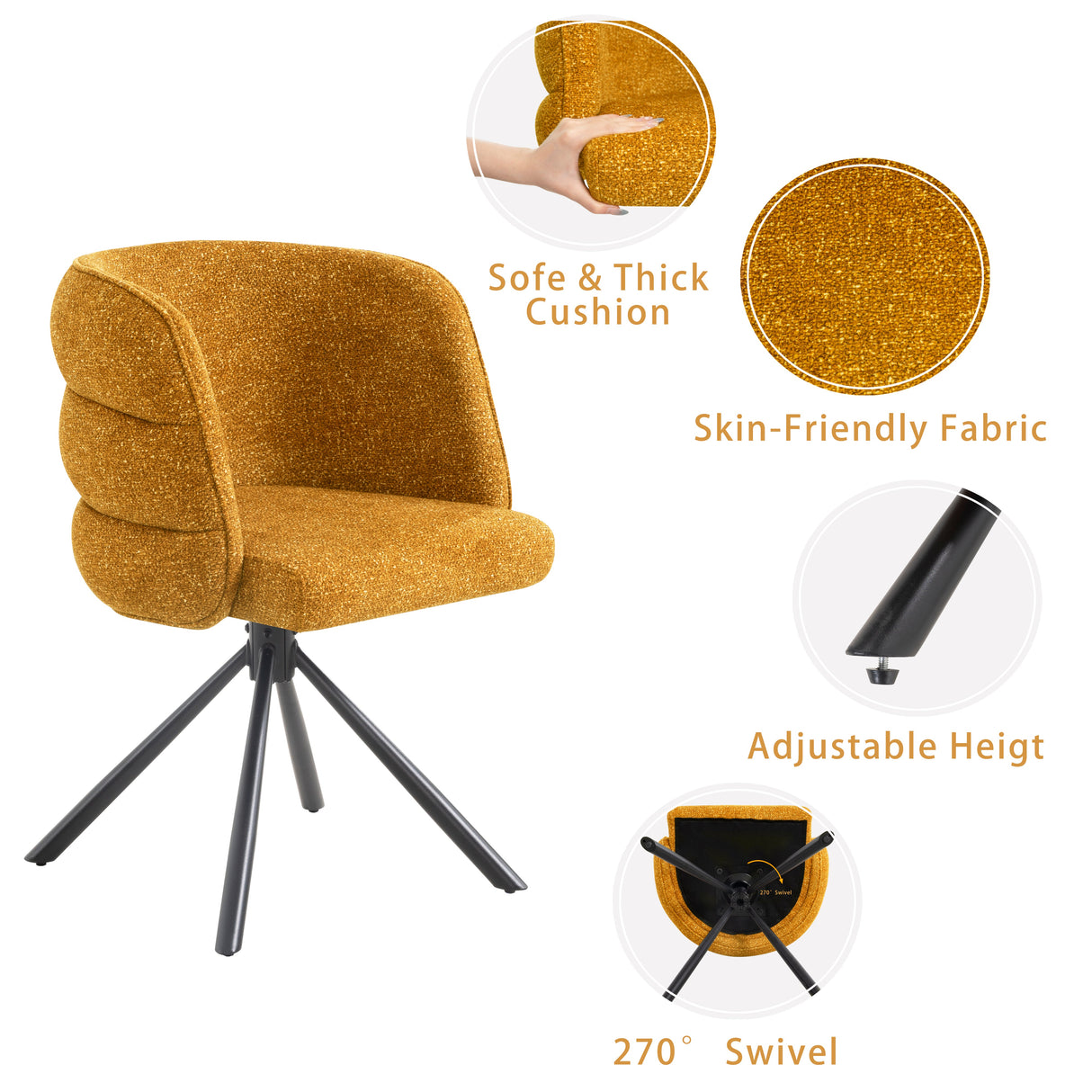 270° Swivel Home Office Desk Chairs Set of 2,Modern Dining Chairs, Upholstered Bedroom Chairs with Metal Base,Makeup Chair for Vanity, for Living Room, Bedroom,Study Room,Dining Room(Orange)