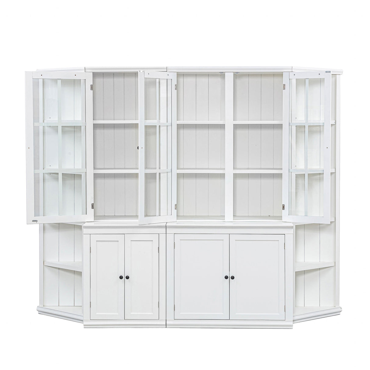 Retro Style Wall Suit with Glass Doors, 75.25'' Tall Display Cabinets & Triangle Sided Bookshelves, White