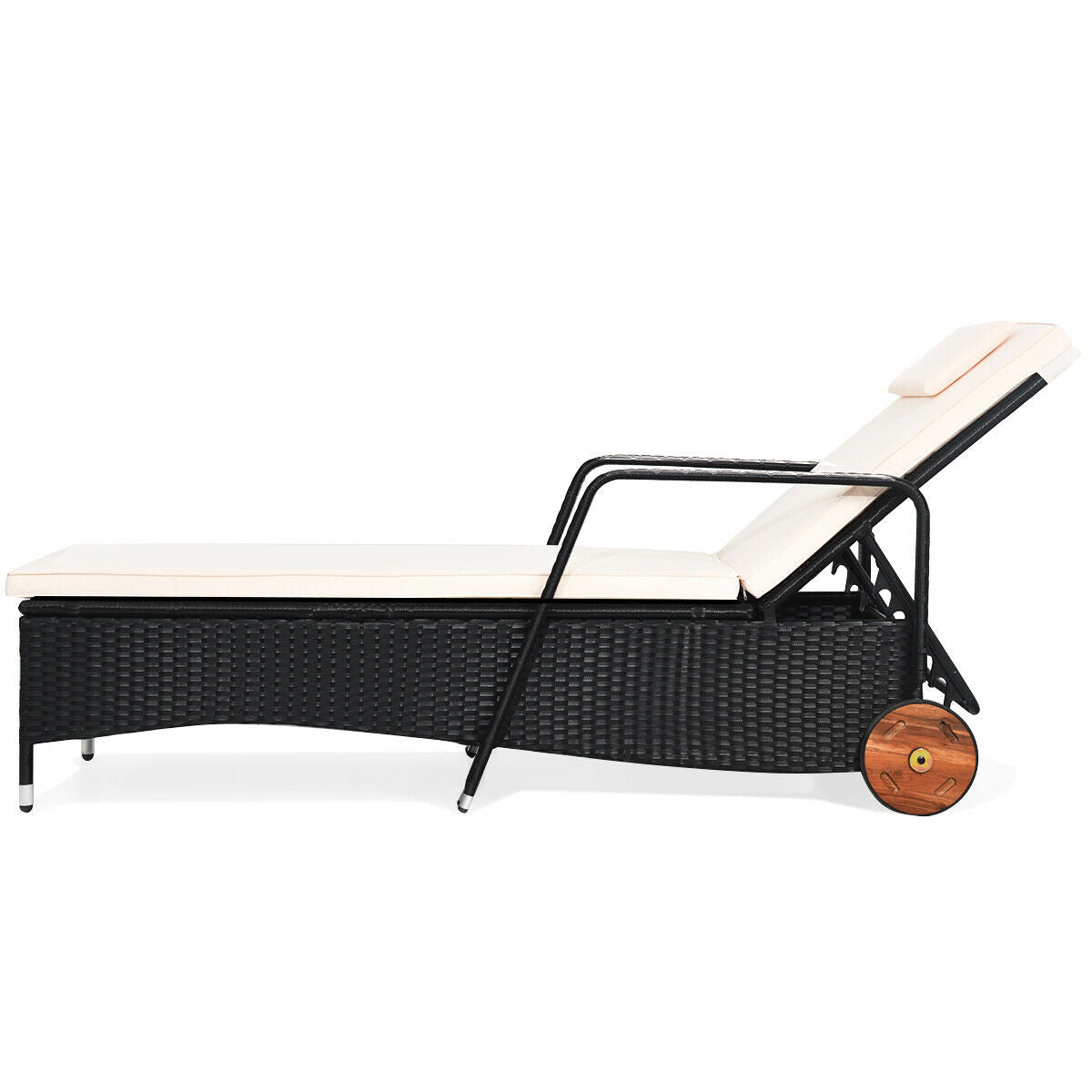 Adjustable Reclining Patio Rattan Wicker Lounge Chair with Wheels
