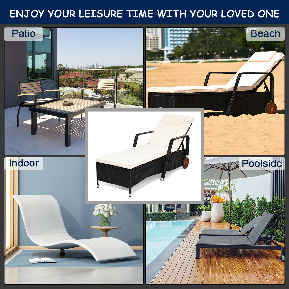 Adjustable Reclining Patio Rattan Wicker Lounge Chair with Wheels
