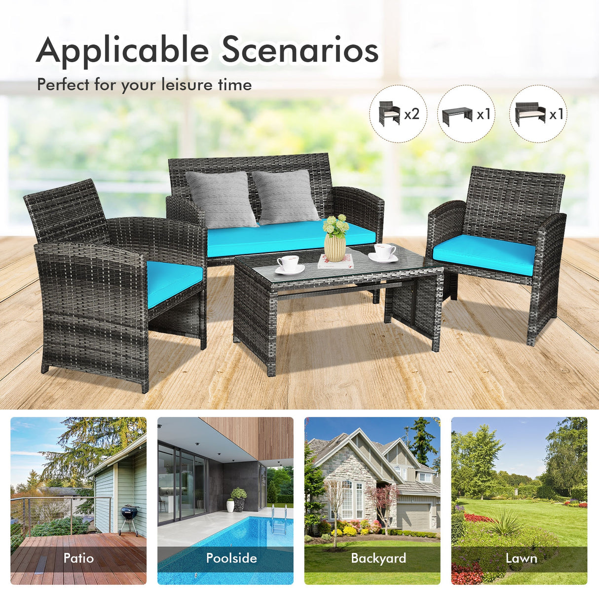 4 Pcs Patio Rattan Furniture Set Top Sofa With Glass Table