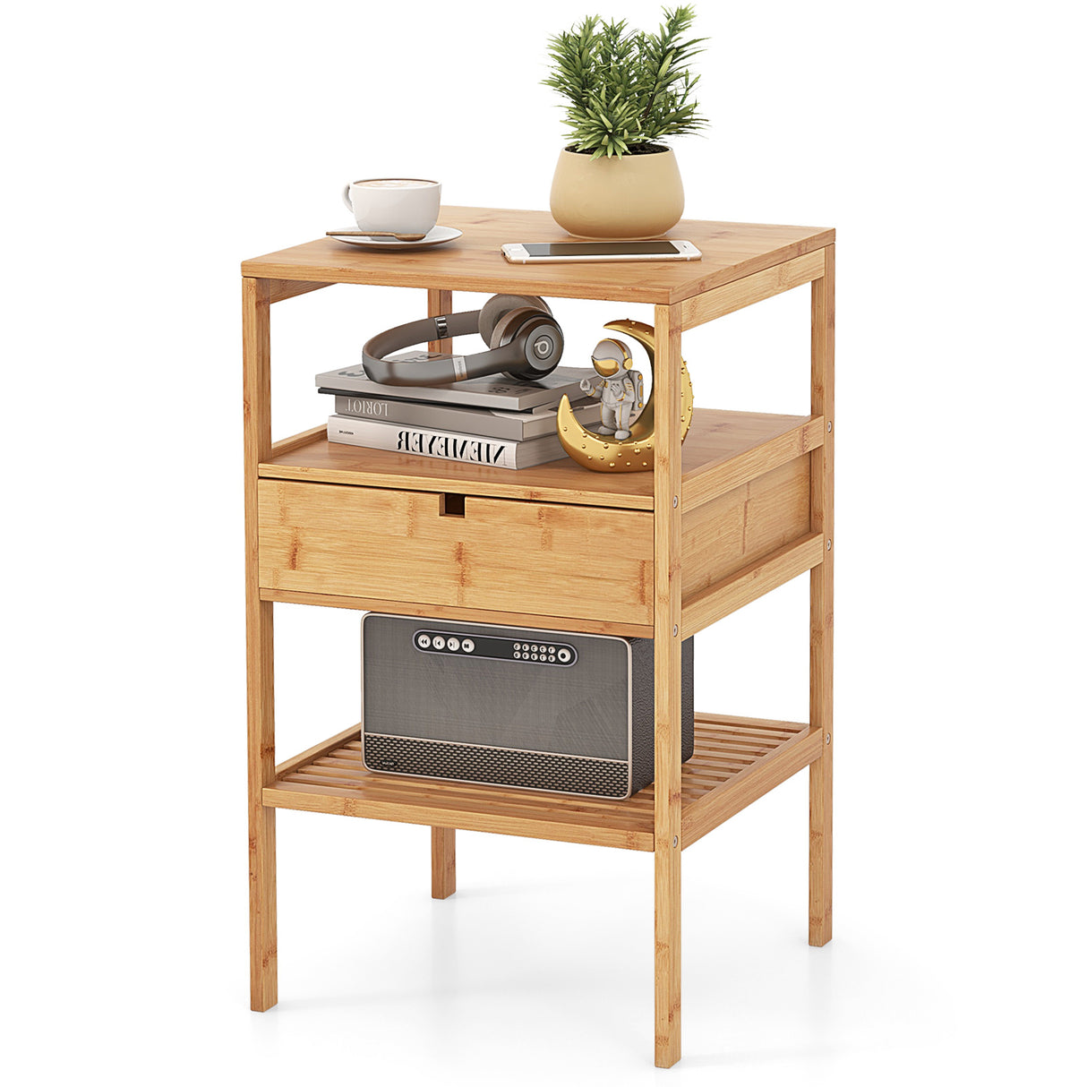Nightstand Set of 2 Bamboo End Table with 2 Open Shelves and Drawer