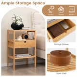 Nightstand Set of 2 Bamboo End Table with 2 Open Shelves and Drawer