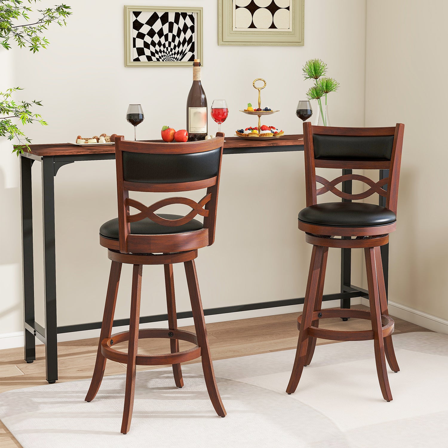 Bar Stools Set of 2 with Rubber Wood Frame and Faux Leather Upholstered Seat