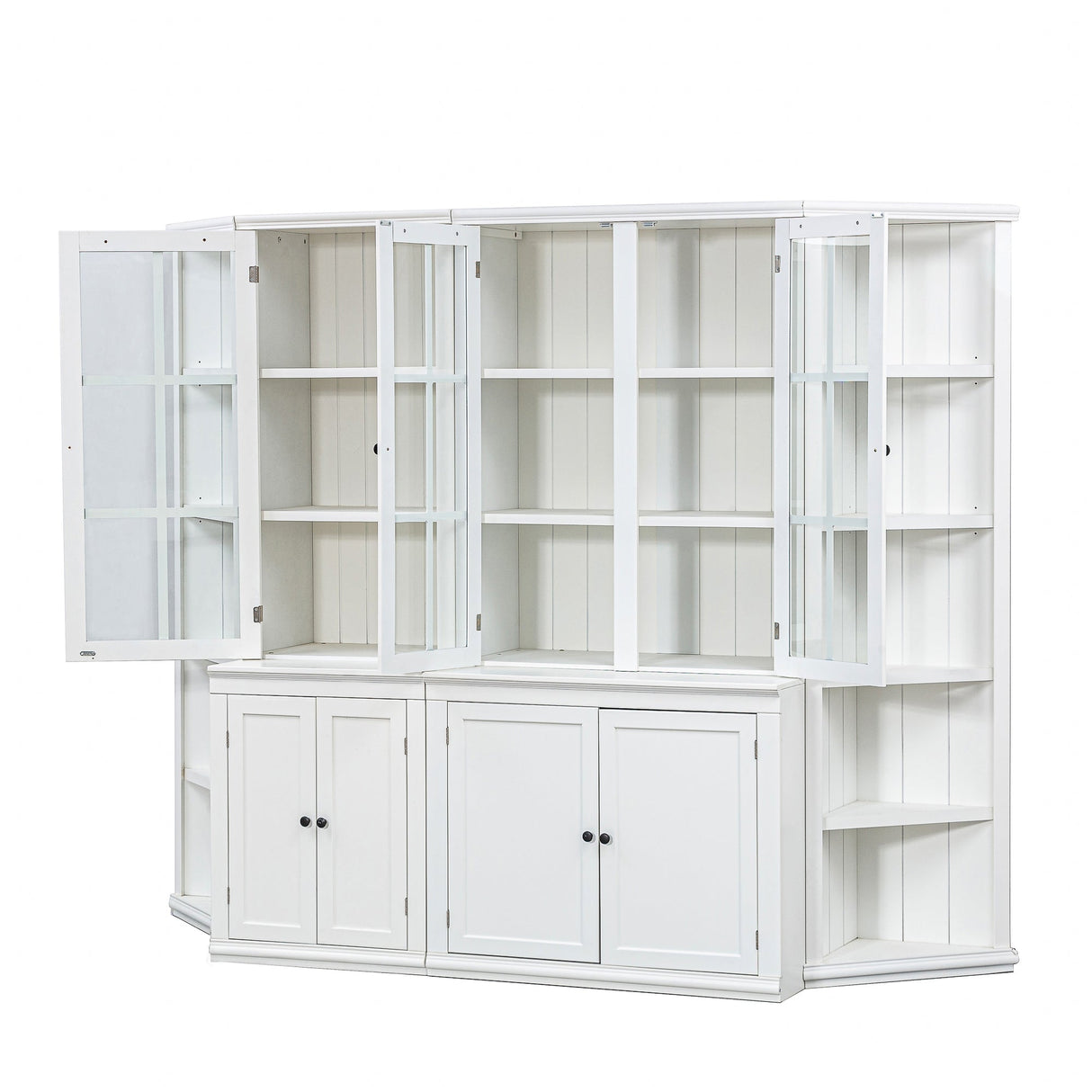 Retro Style Wall Suit with Glass Doors, 75.25'' Tall Display Cabinets & Triangle Sided Bookshelves, White