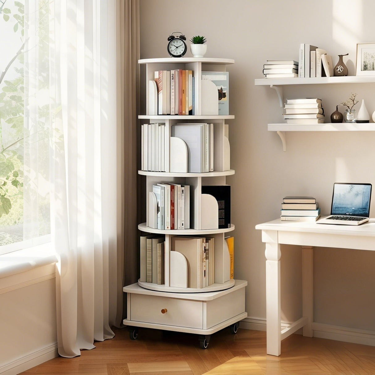5 Tier Rotating Bookshelf with Wheels and Drawer, 360° Spinning Design, Space Saving Storage, for Home and Office, White MDF