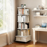5 Tier Rotating Bookshelf with Wheels and Drawer, 360° Spinning Design, Space Saving Storage, for Home and Office, White MDF