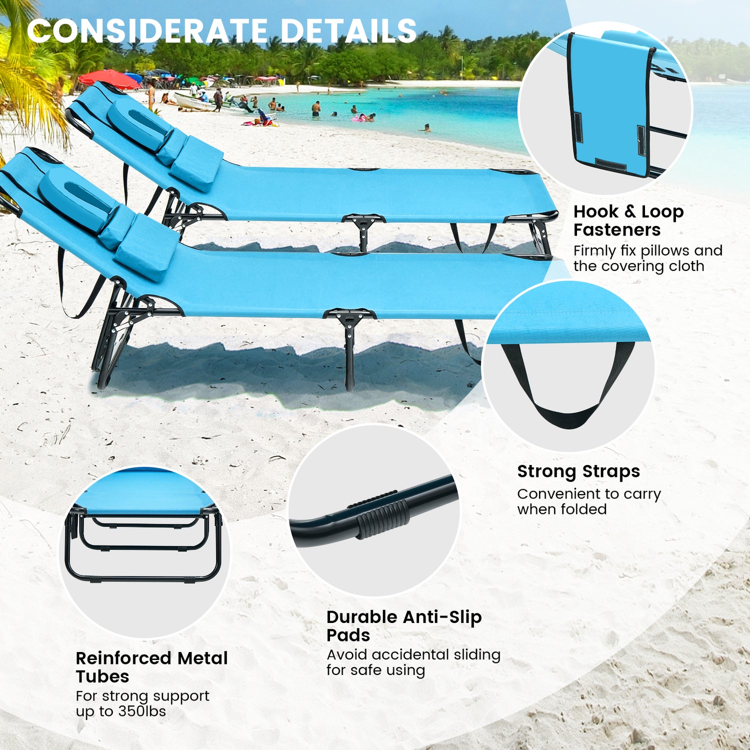 Beach Chaise Lounge Chair with Face Hole and Removable Pillow