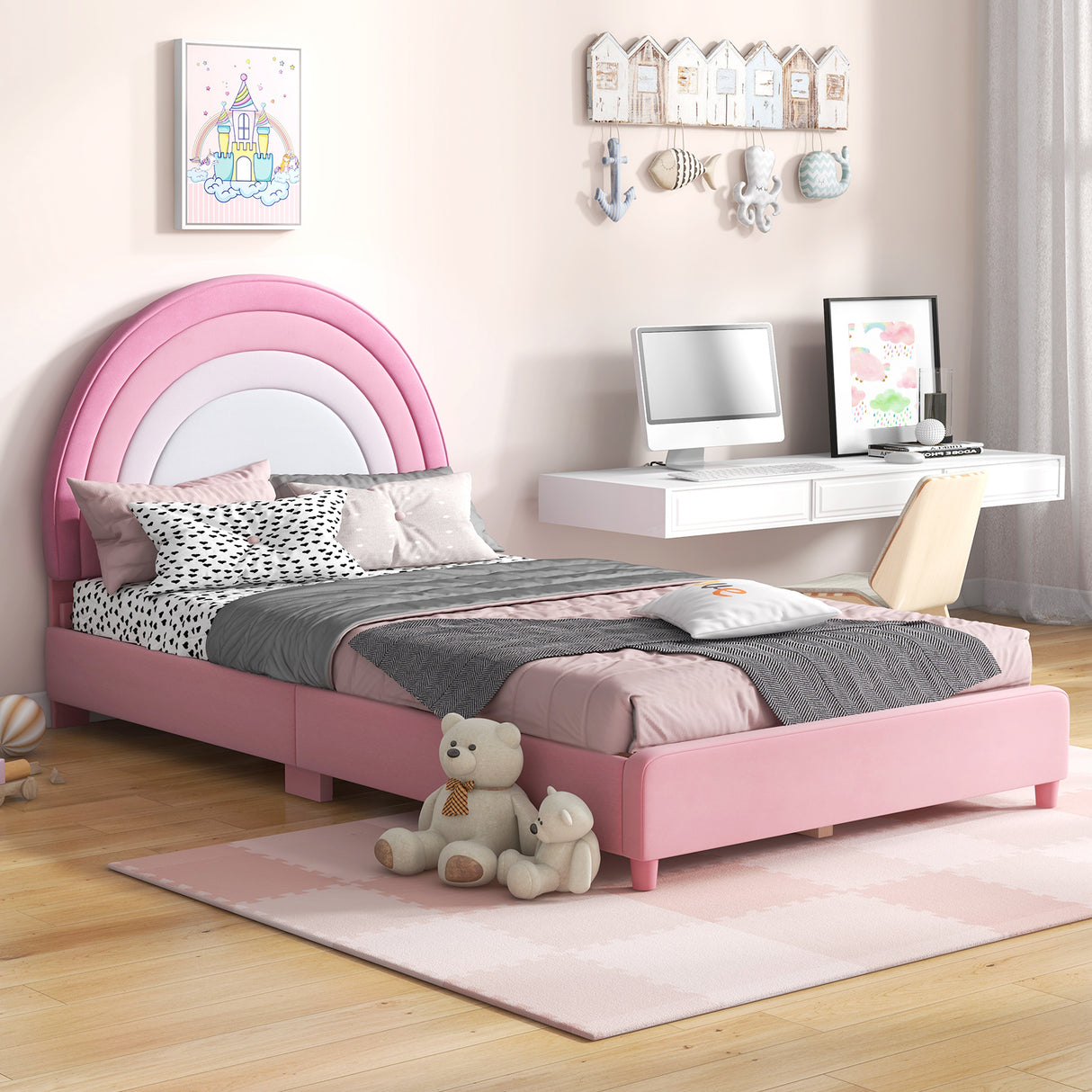 Twin Bed Frame with Height-Adjustable Headboard and Sturdy Wooden Slats