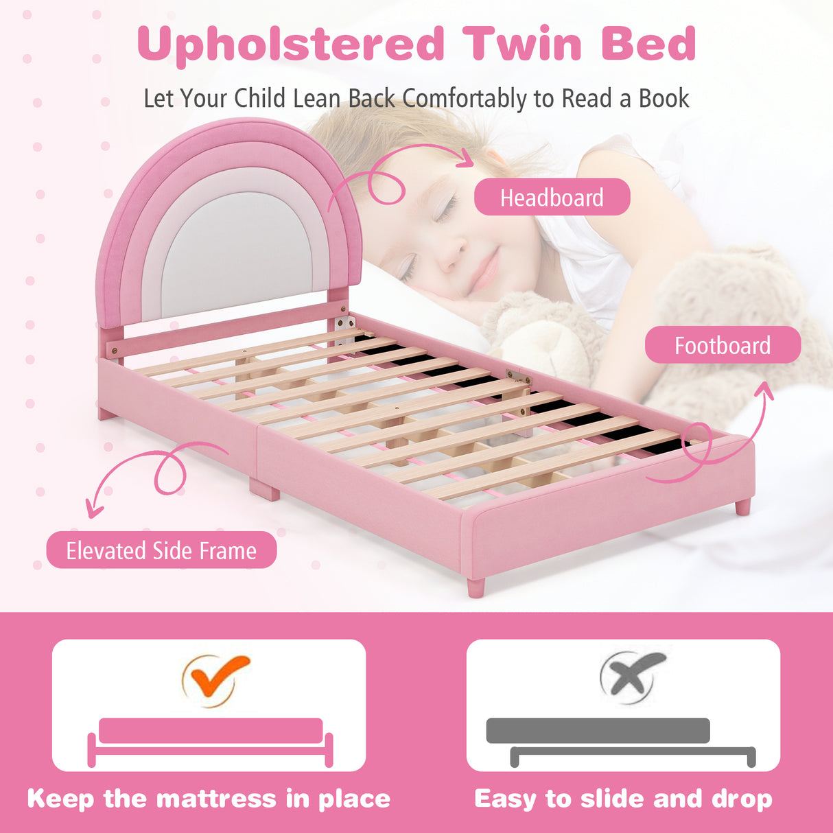 Twin Bed Frame with Height-Adjustable Headboard and Sturdy Wooden Slats