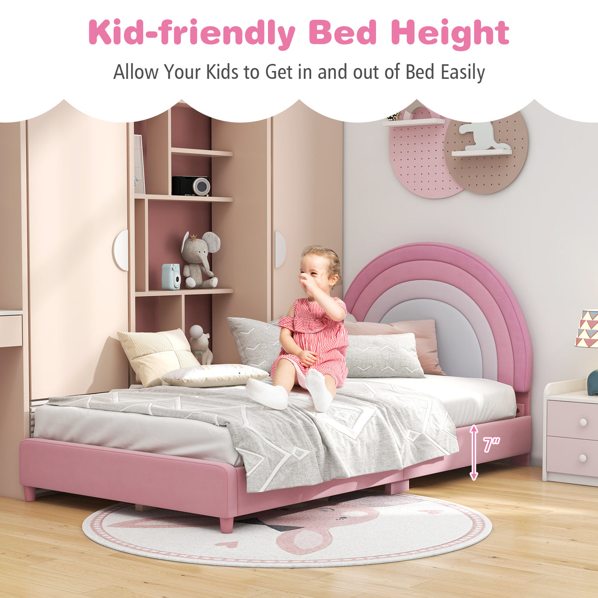 Twin Bed Frame with Height-Adjustable Headboard and Sturdy Wooden Slats