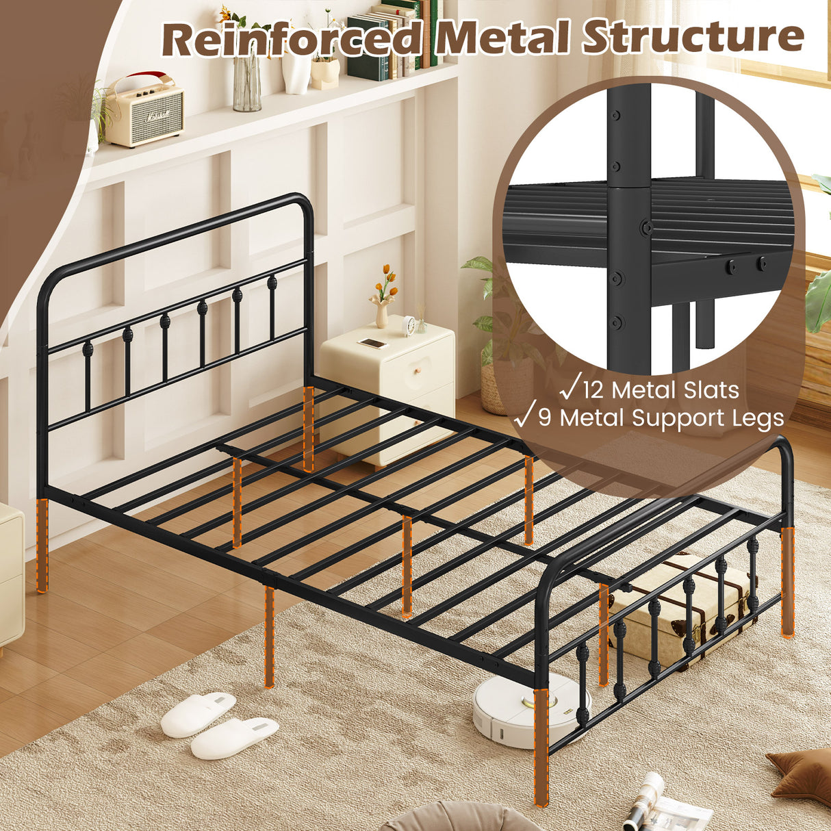 Bed Frame with Headboard and Under Bed Storage Black