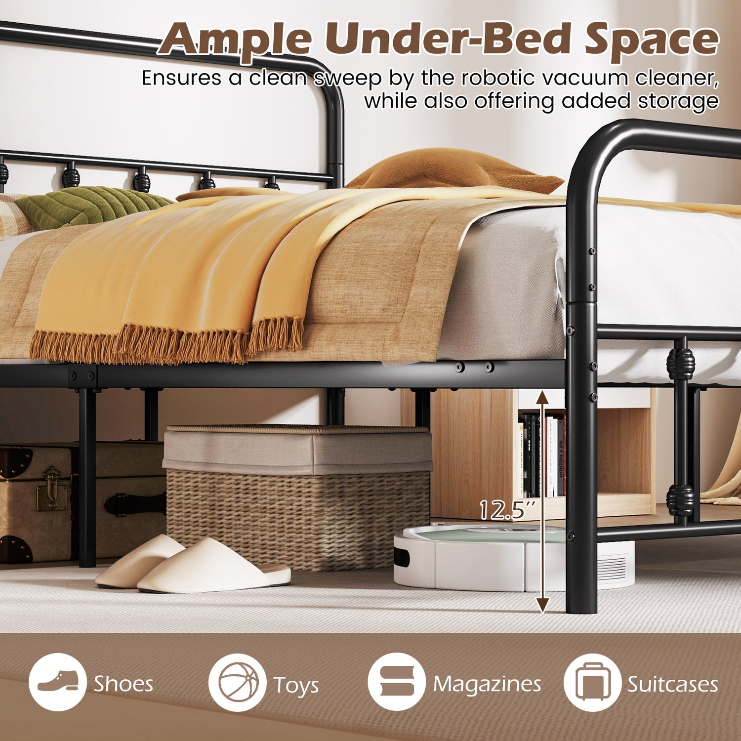 Bed Frame with Headboard and Under Bed Storage Black