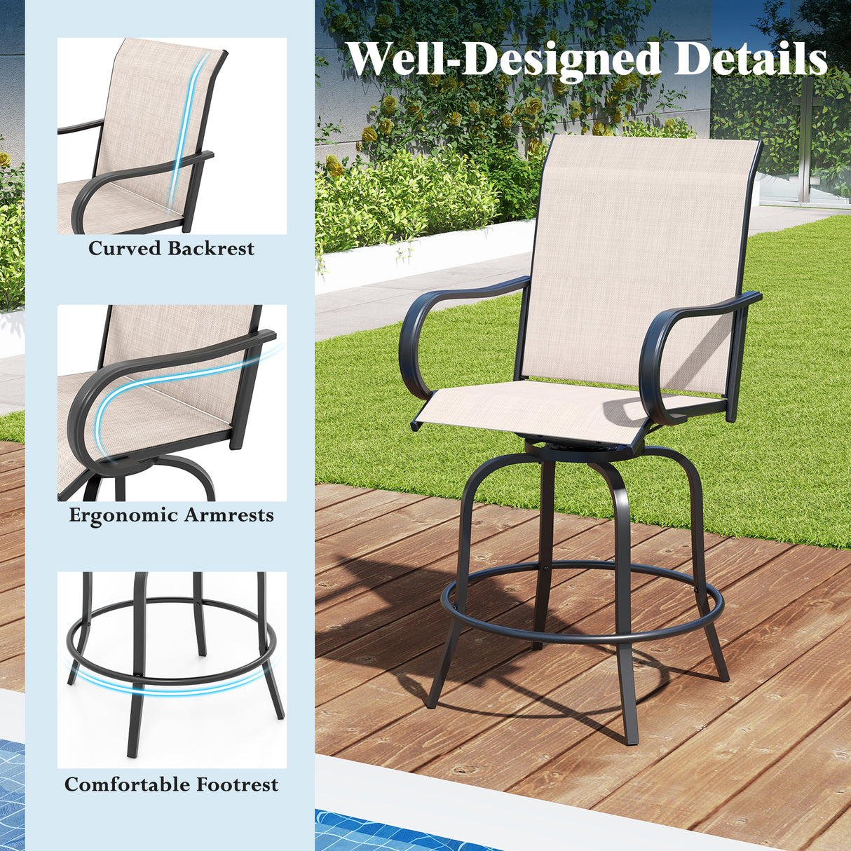 2 Pieces Patio 360 Rotation Swivel Bar Stool Set