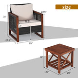 3 Pieces Patio Wicker Furniture Set with Washable Cushion and Acacia Wood Coffee Table