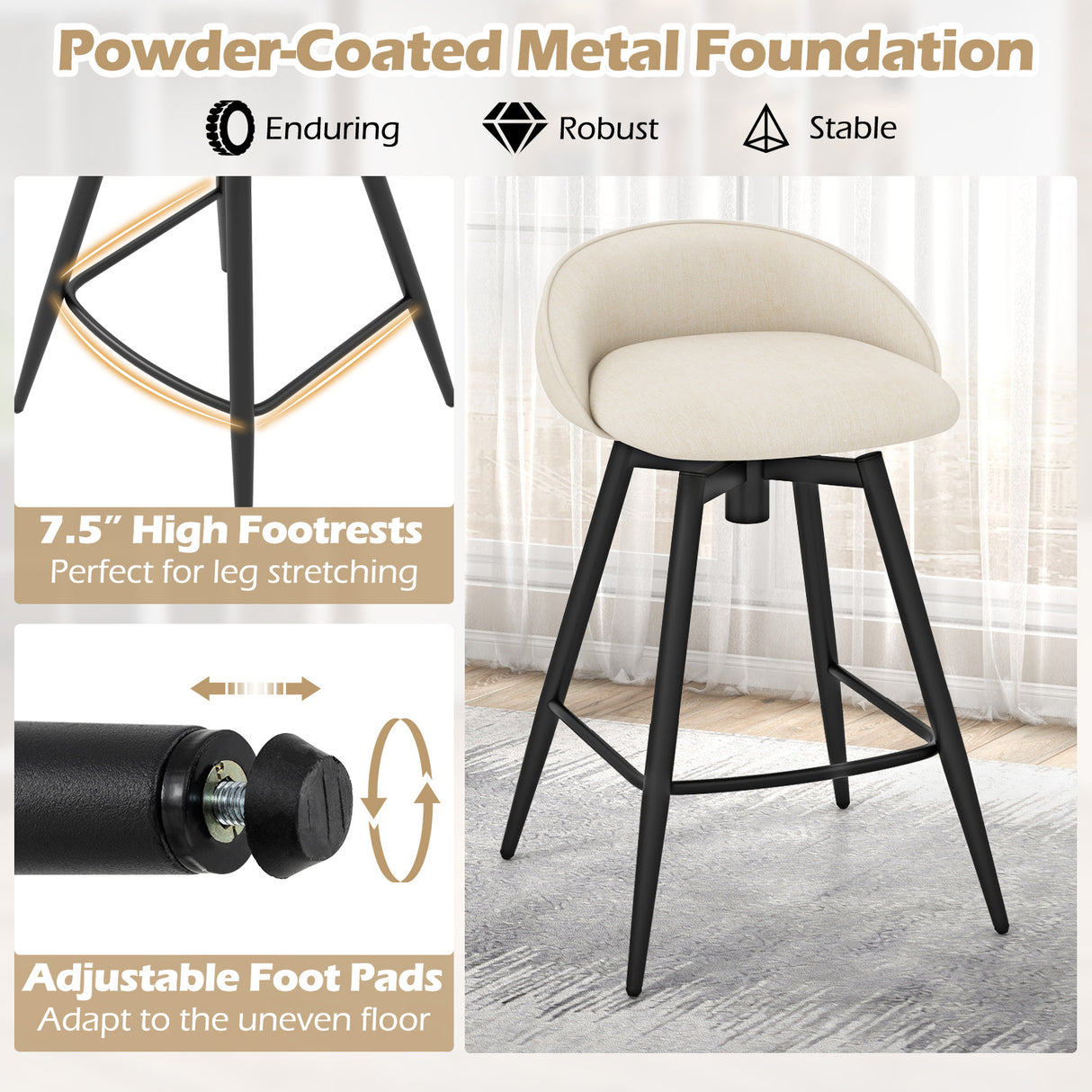 Upholstered Bar Stools Set of 2 with Footrest and Backrest