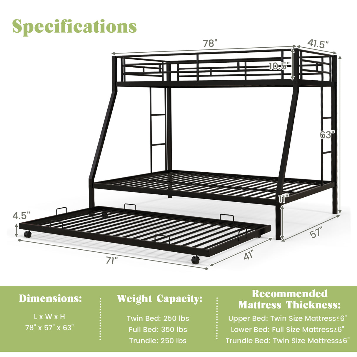 Twin Over Full Bunk Bed Frame with Trundle for Guest Room