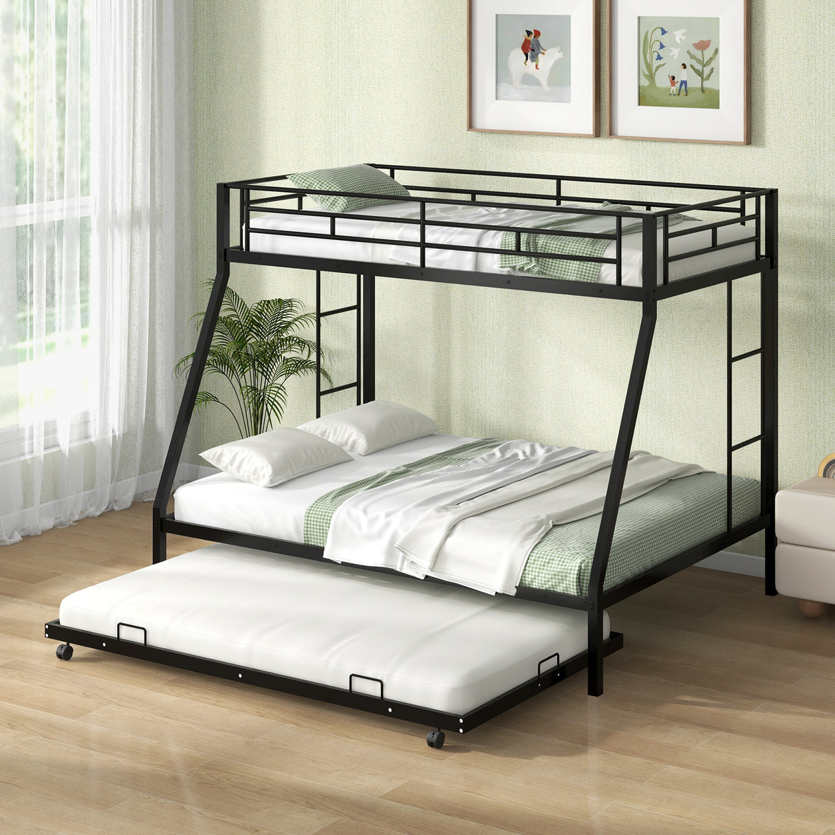 Twin Over Full Bunk Bed Frame with Trundle for Guest Room