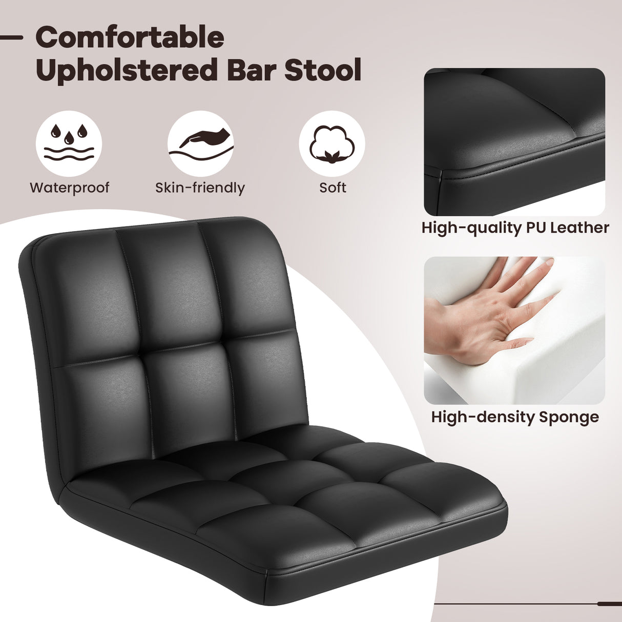 Set of 2 Square Swivel Adjustable PU Leather Bar Stools with Back and Footrest