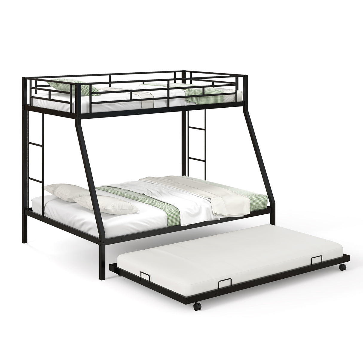 Twin Over Full Bunk Bed Frame with Trundle for Guest Room