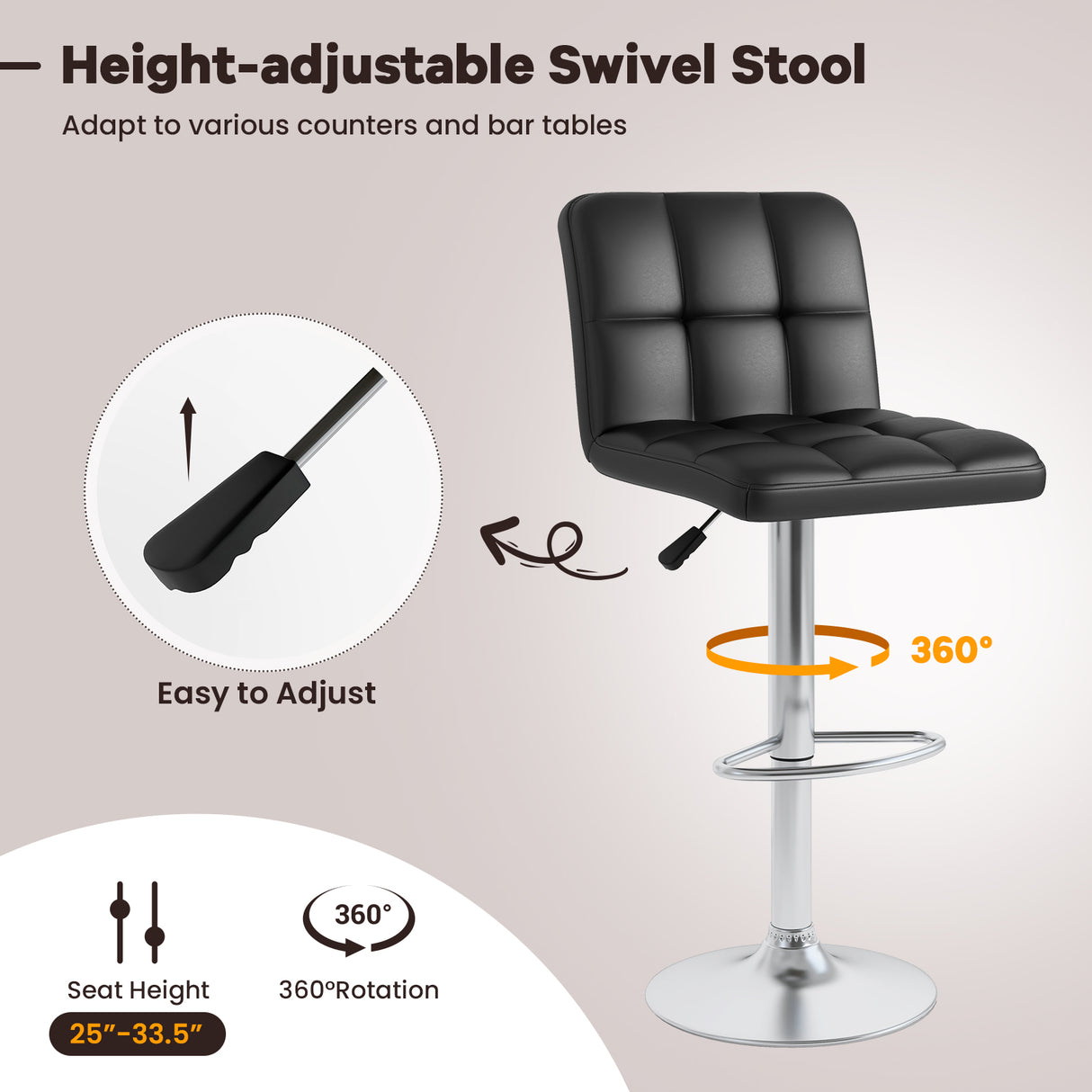 Set of 2 Square Swivel Adjustable PU Leather Bar Stools with Back and Footrest