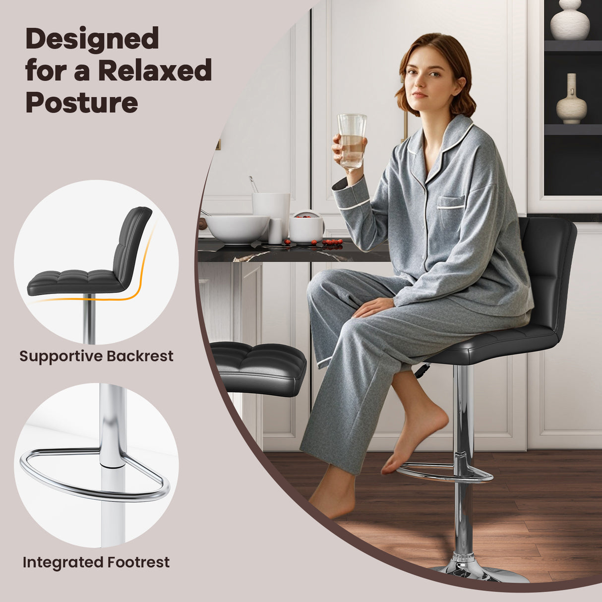 Set of 2 Square Swivel Adjustable PU Leather Bar Stools with Back and Footrest