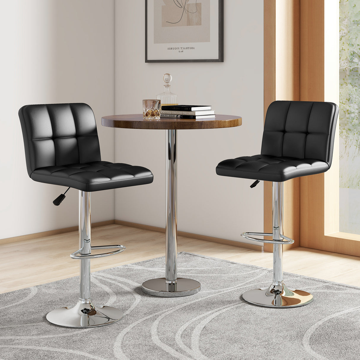 Set of 2 Square Swivel Adjustable PU Leather Bar Stools with Back and Footrest