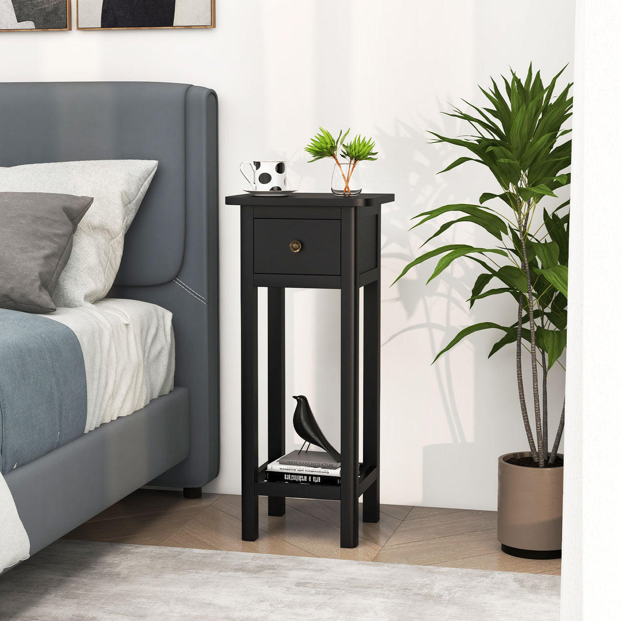 2 Tier Slim Nightstand Bedside Table with Drawer Shelf