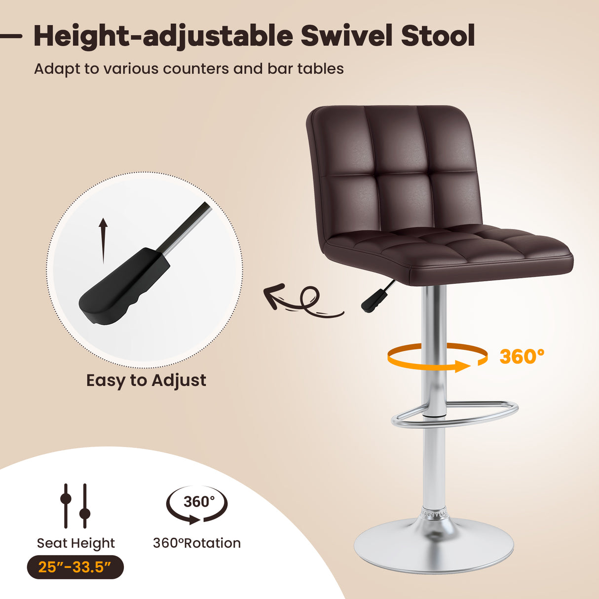 Set of 2 Square Swivel Adjustable PU Leather Bar Stools with Back and Footrest