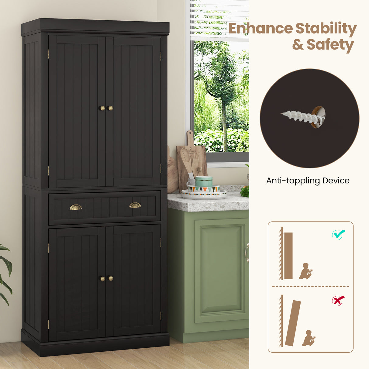 Cupboard Freestanding Kitchen Cabinet w/ Adjustable Shelves