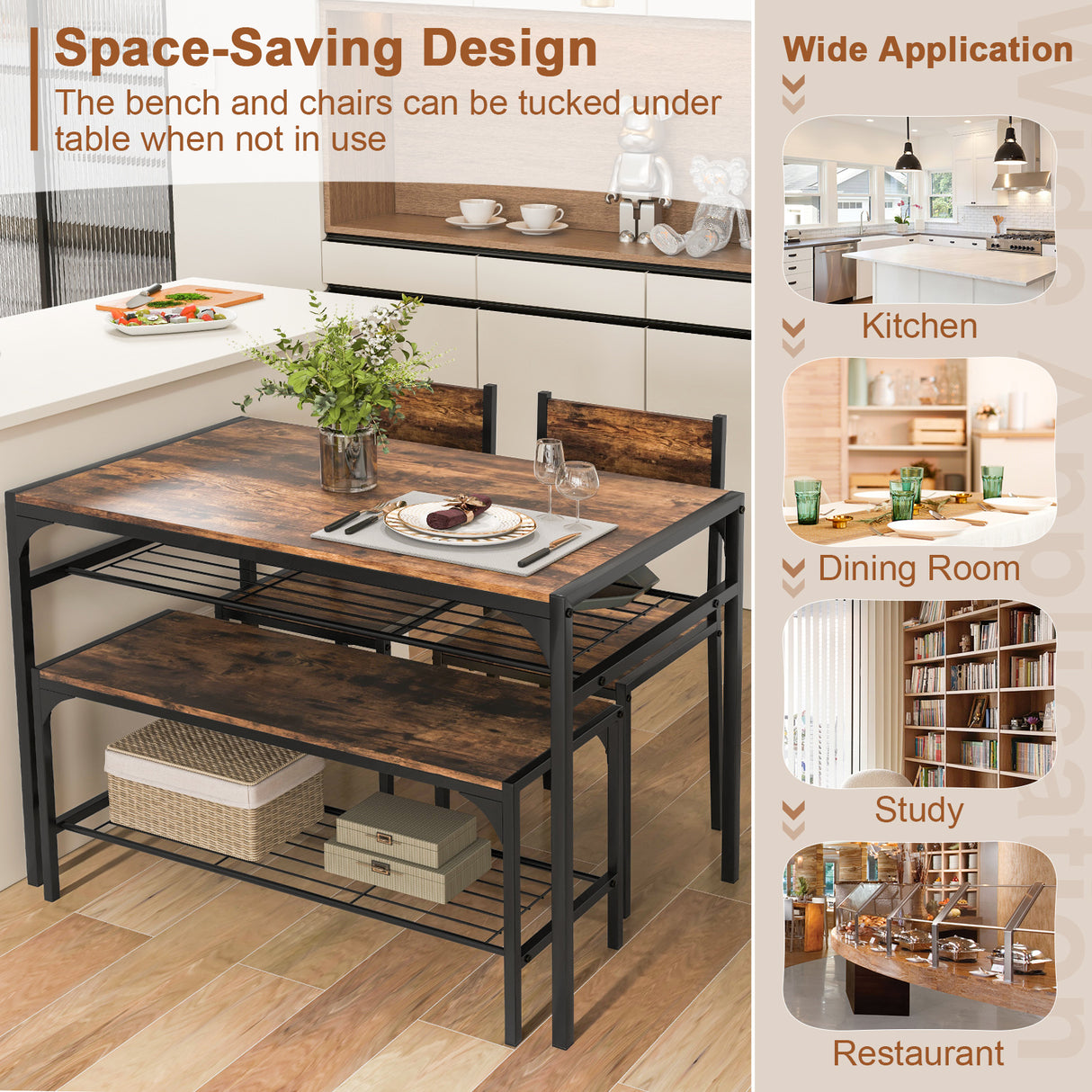 Industrial Style Rectangular Kitchen Table with Bench and Chairs