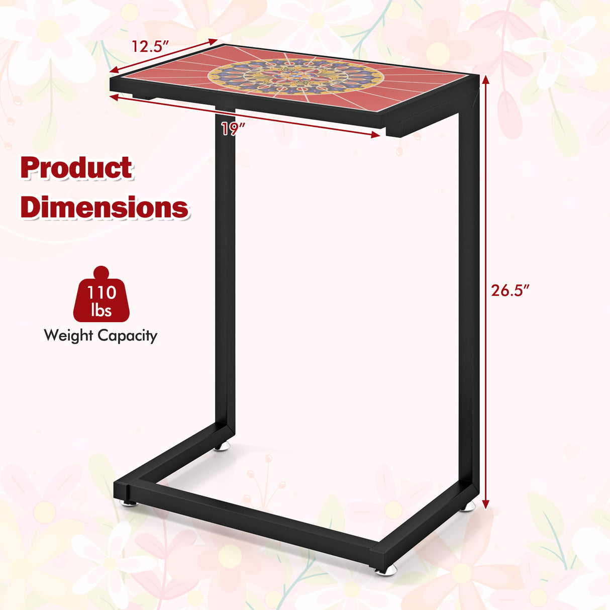 C-shaped Waterproof Outdoor Side End Table with Ceramic Top