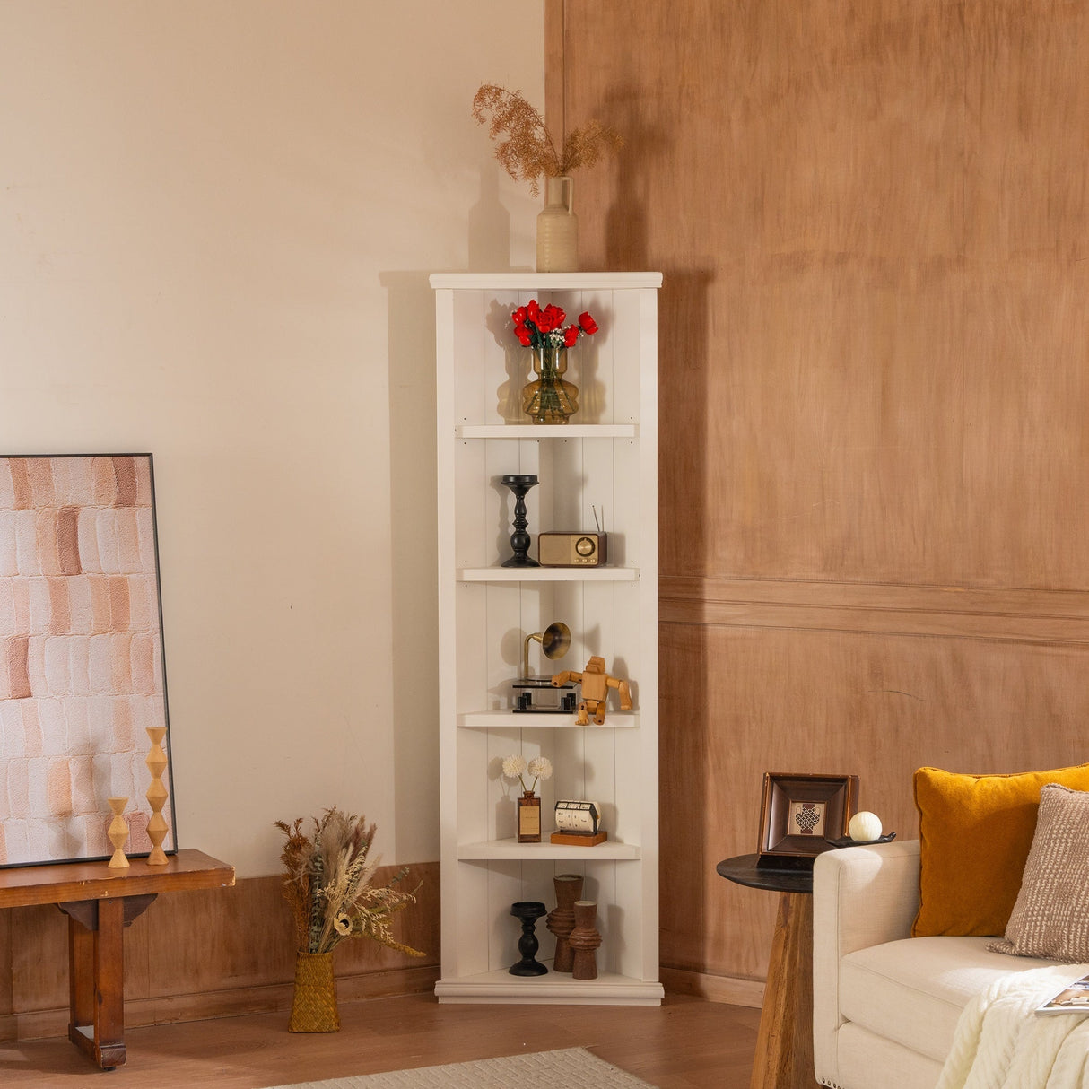 Retro Style Wall Suit with Glass Doors, 75.25'' Tall Display Cabinets & Triangle Sided Bookshelves, White