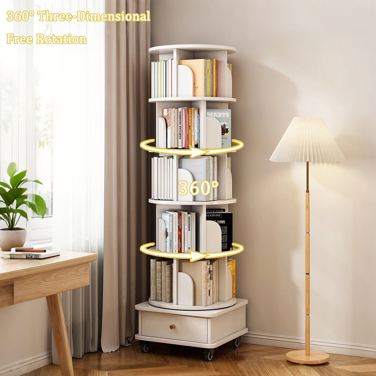 6 Tier Rotating Bookshelf with Wheels and Drawer, 360° Spinning Design, Space Saving Storage, for Home and Office, White MDF