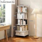 5 Tier Rotating Bookshelf with Wheels and Drawer, 360° Spinning Design, Space Saving Storage, for Home and Office, White MDF